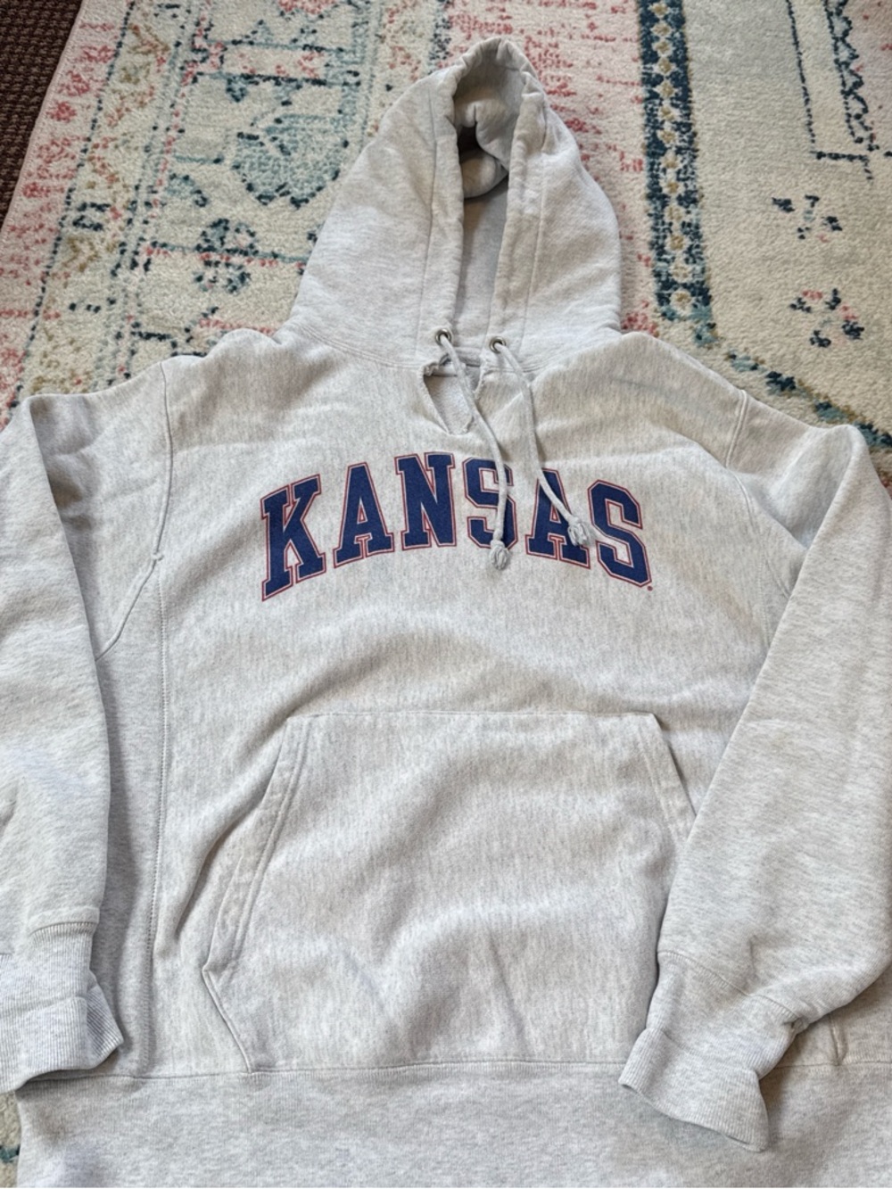Champion Light Gray Reverse Weave Hoodie with Blue Logo